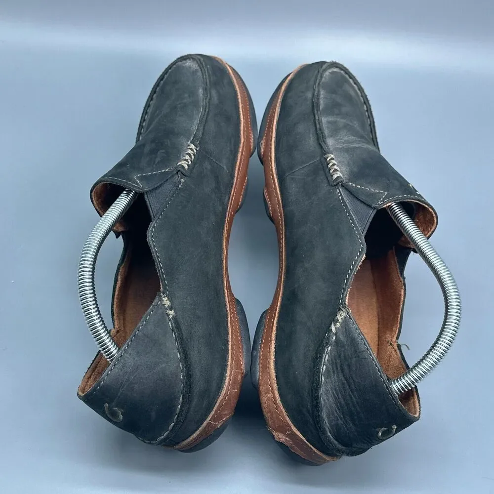 Olukai Moloa Men's 10 Black Nubuck Leather Casual Shoes Slip-On Round Toe Loafer